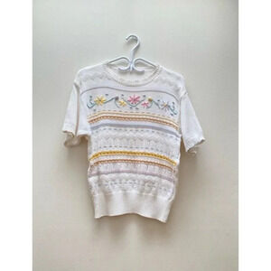 Vintage -  Cream Pastel Floral Embroidered Ramie Short Sleeve Sweater